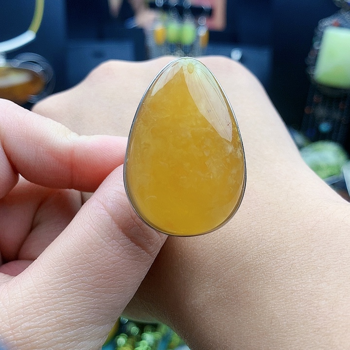 琥珀裸石银S925镶嵌戒指