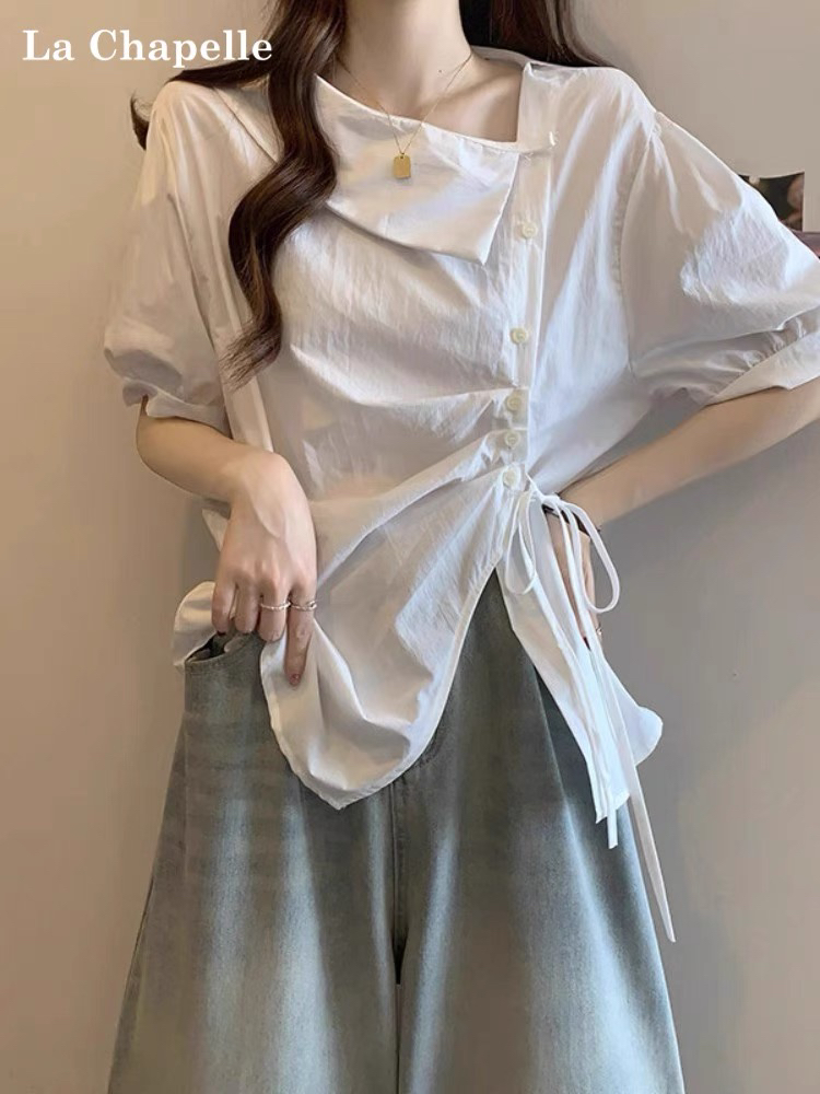 斜领收腰法式不规则衬衫女微胖显瘦系带上衣