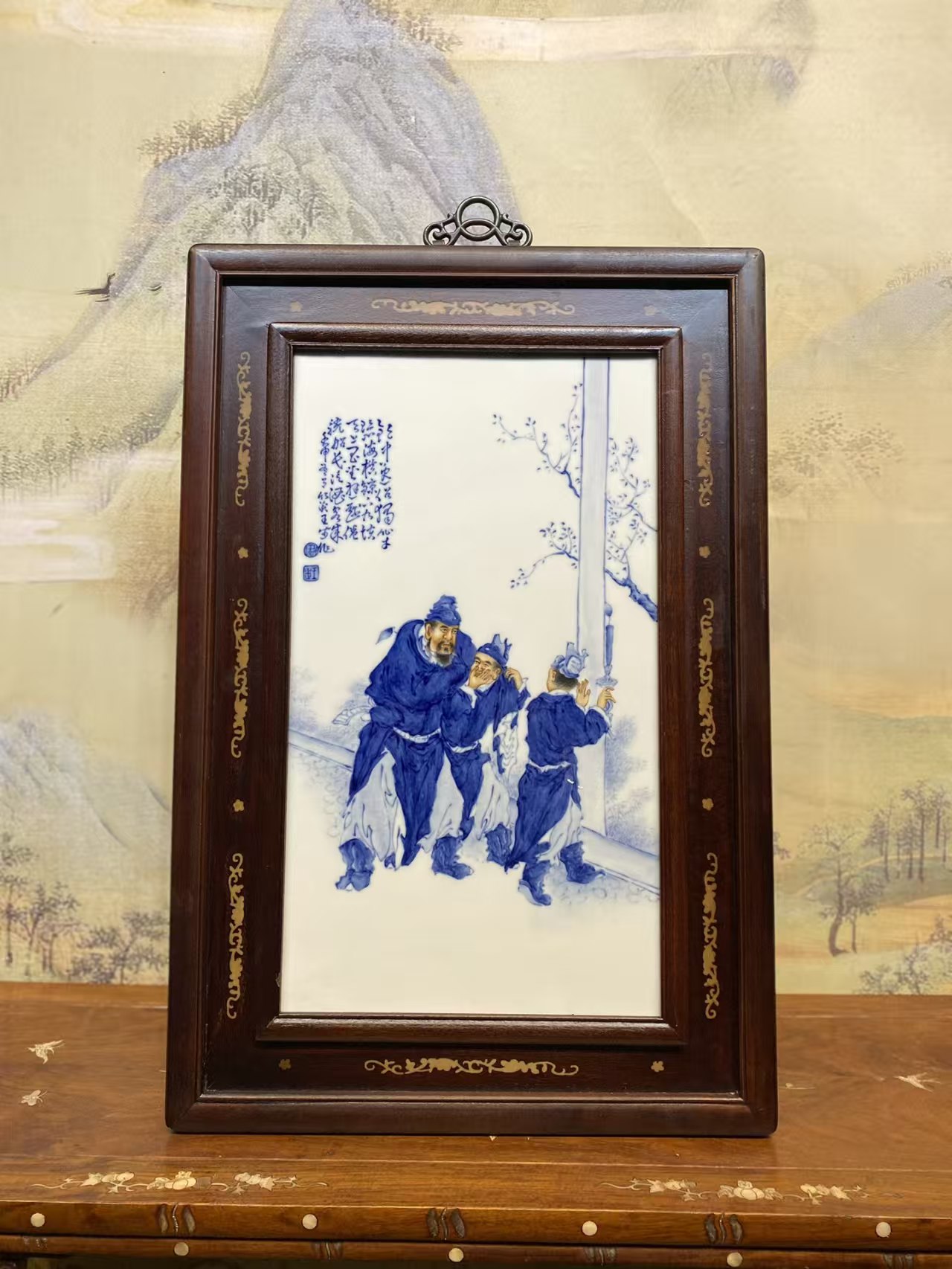 瓷板画青花人物桃源三结义江挂屏 高73厘米   宽49厘米