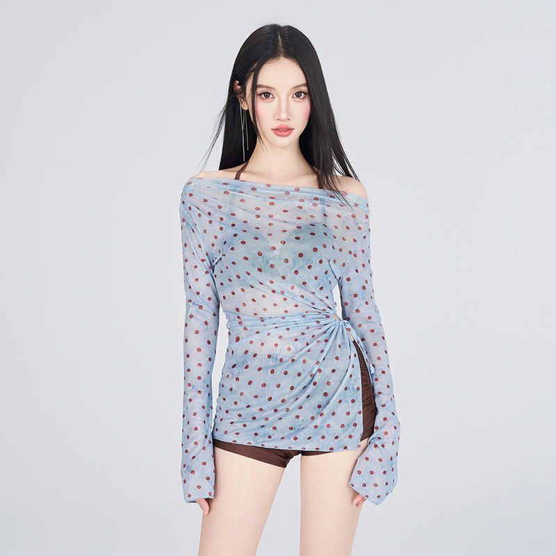时尚复古波点纯欲风长袖修身显瘦分体泳衣适合温泉度假
