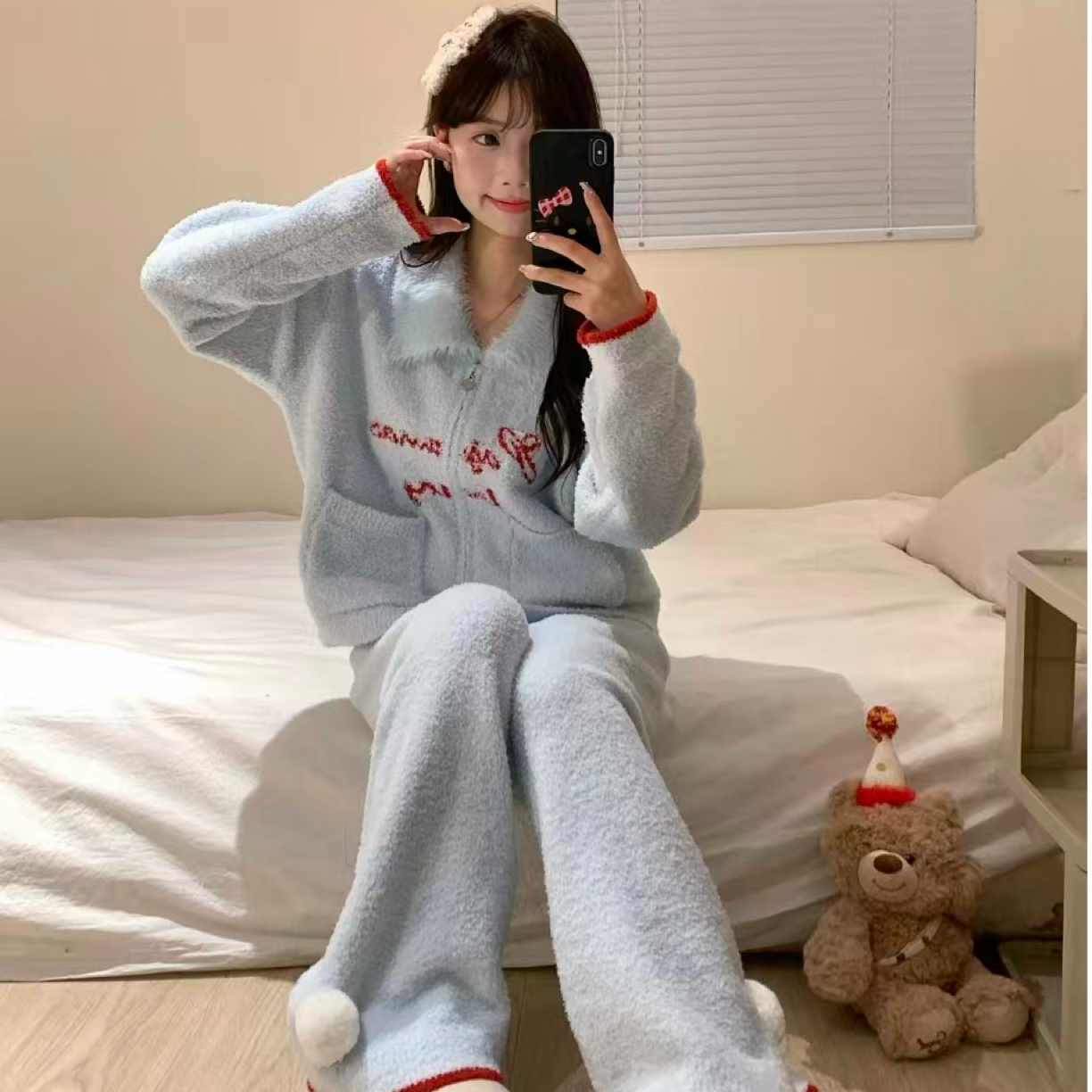 秋冬季加绒高级蓝色半边绒加厚保暖可外穿毛绒翻领长裤睡衣家居服