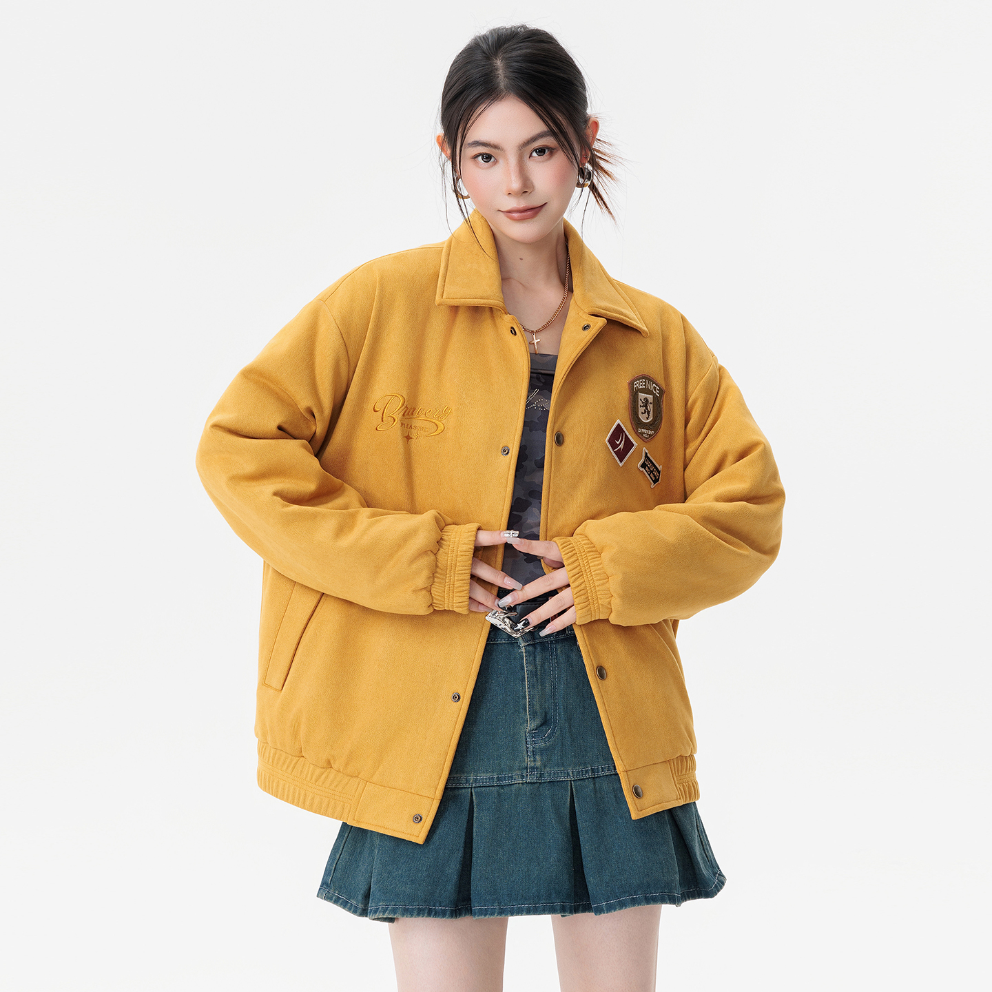 美式复古仿麂皮绒质感棉服重工刺绣拼接加棉加厚翻领夹克