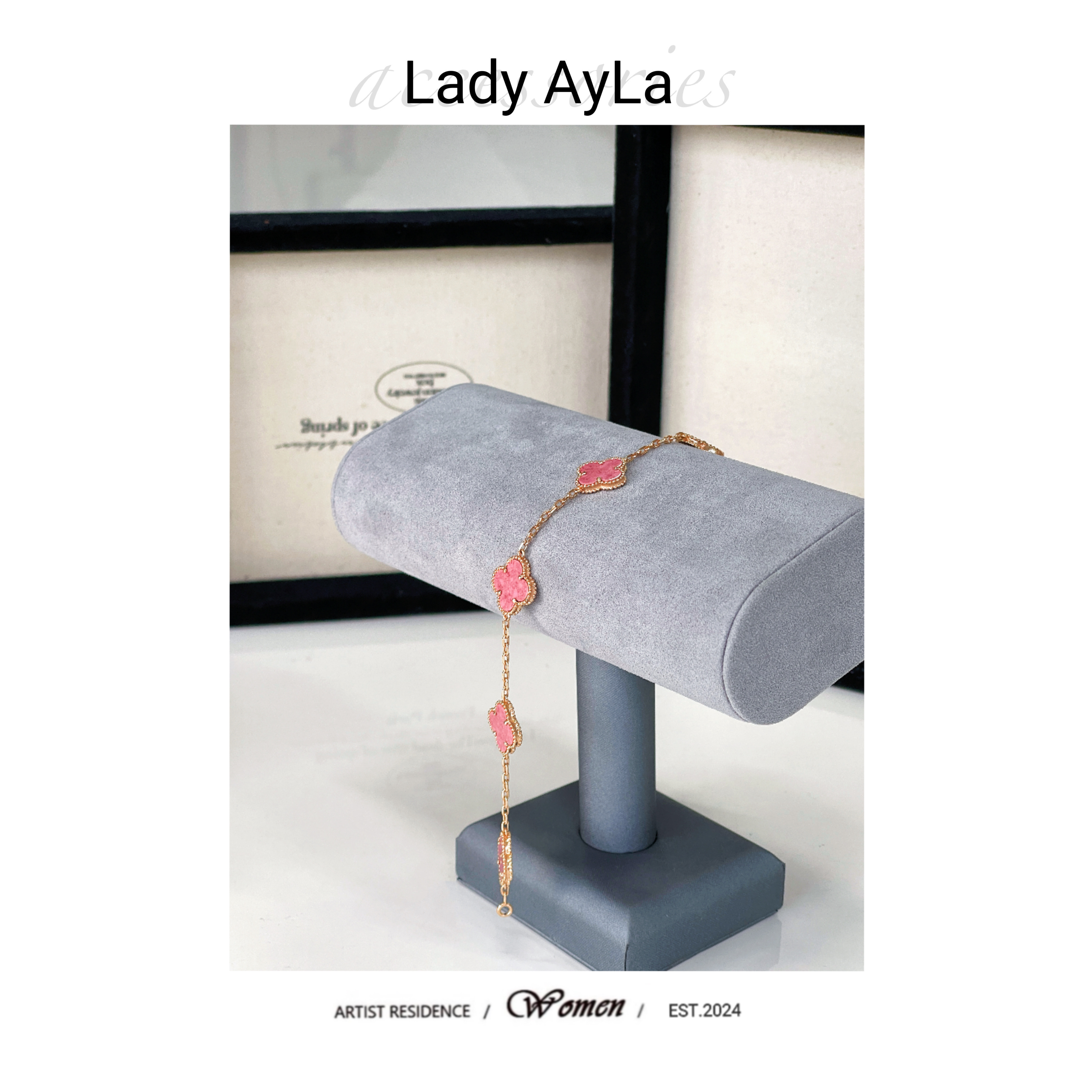 925银手链 四叶花草 蔷薇粉手链小众简约时尚AL393