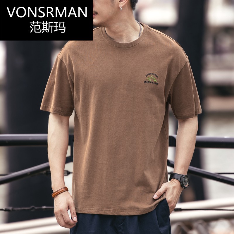 范斯玛美式复古印花短袖t恤男夏季潮牌宽松大码印花纯棉体恤上衣