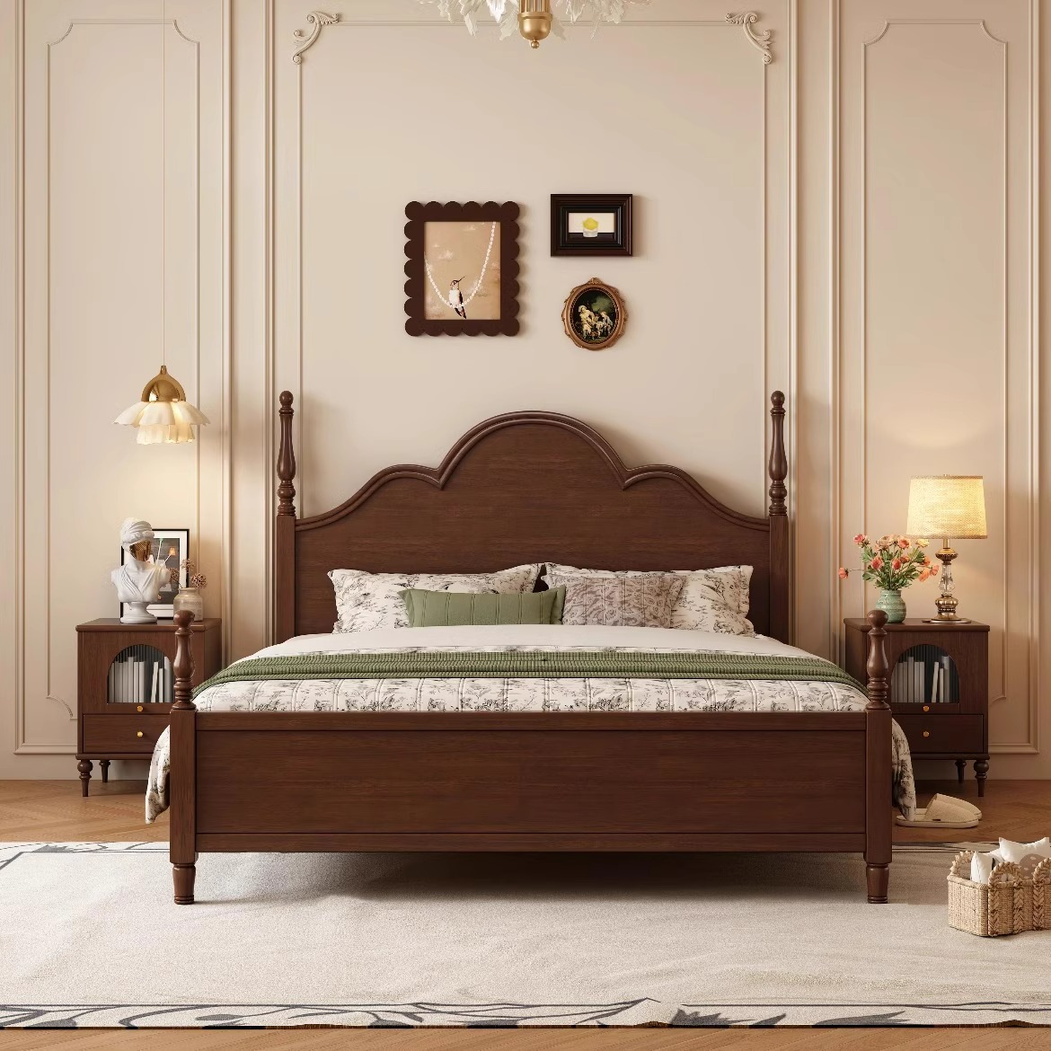 实木床法式复古美式中古风双人床主卧黑色现代简约轻奢公主床黑色