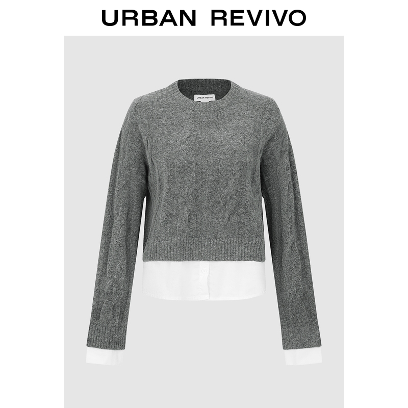 UR2026春季新款女装休闲假两件绞花圆领针织衫UYY950155