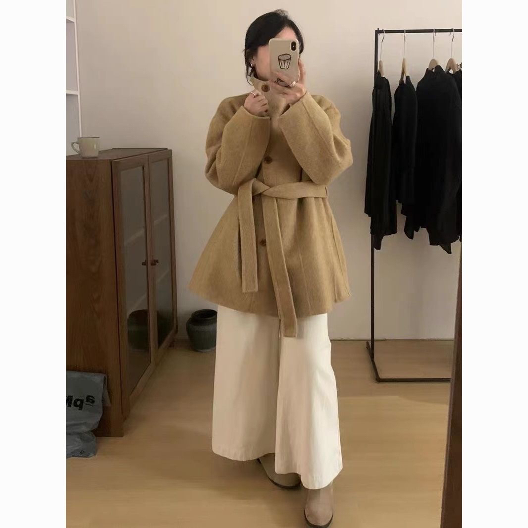 高级感立领双面大衣女韩系中长款小个子气质显瘦毛呢外套冬短立领