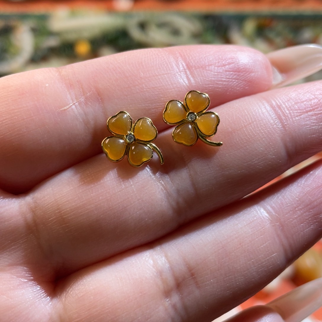 和田玉耳坠银S925镀金镶嵌