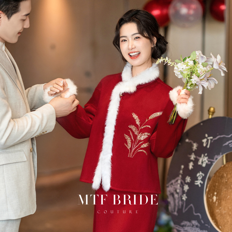 满庭芳新中式红色羊毛外套女秋冬新款新娘结婚敬酒服订婚礼服套装