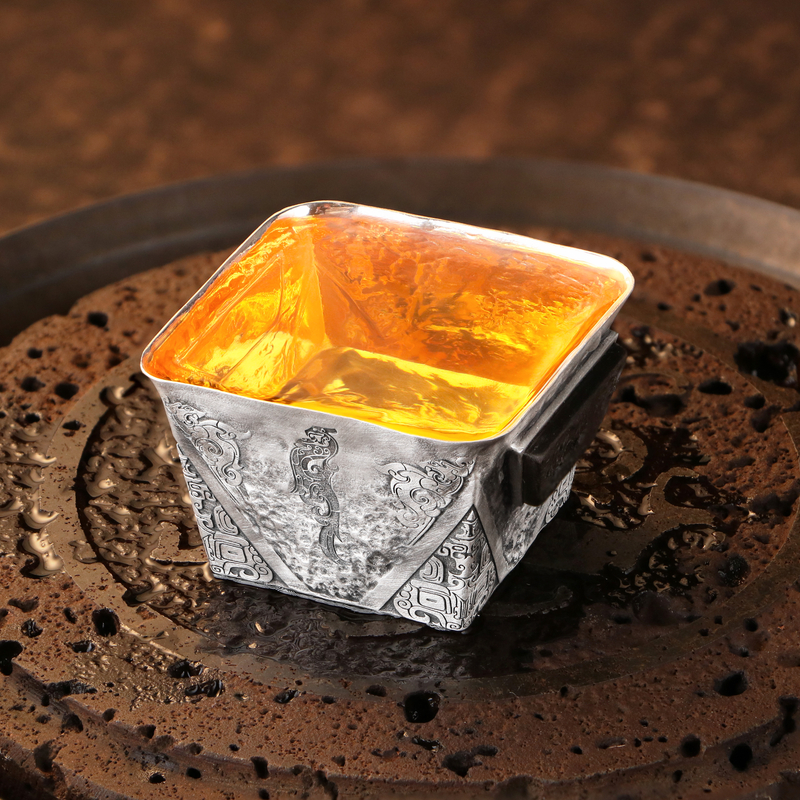欲山行 足银999饕餮纹蟠龙方杯原创实木镶嵌茶杯复古精美创意杯子
