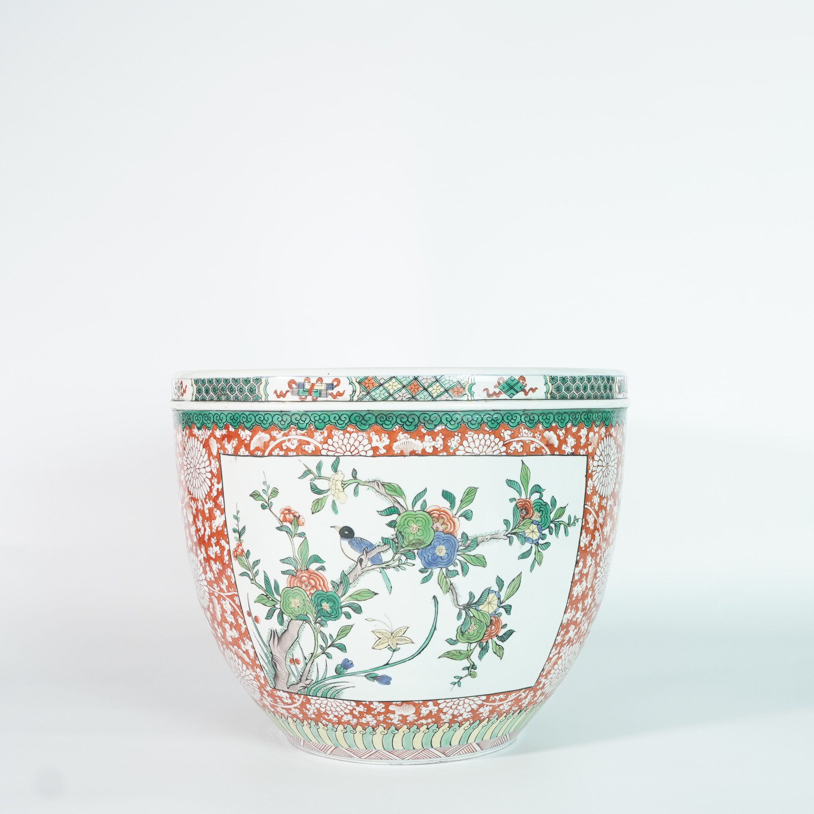 LABC250511080【十竹斋】清光绪五彩开窗花鸟纹卷缸