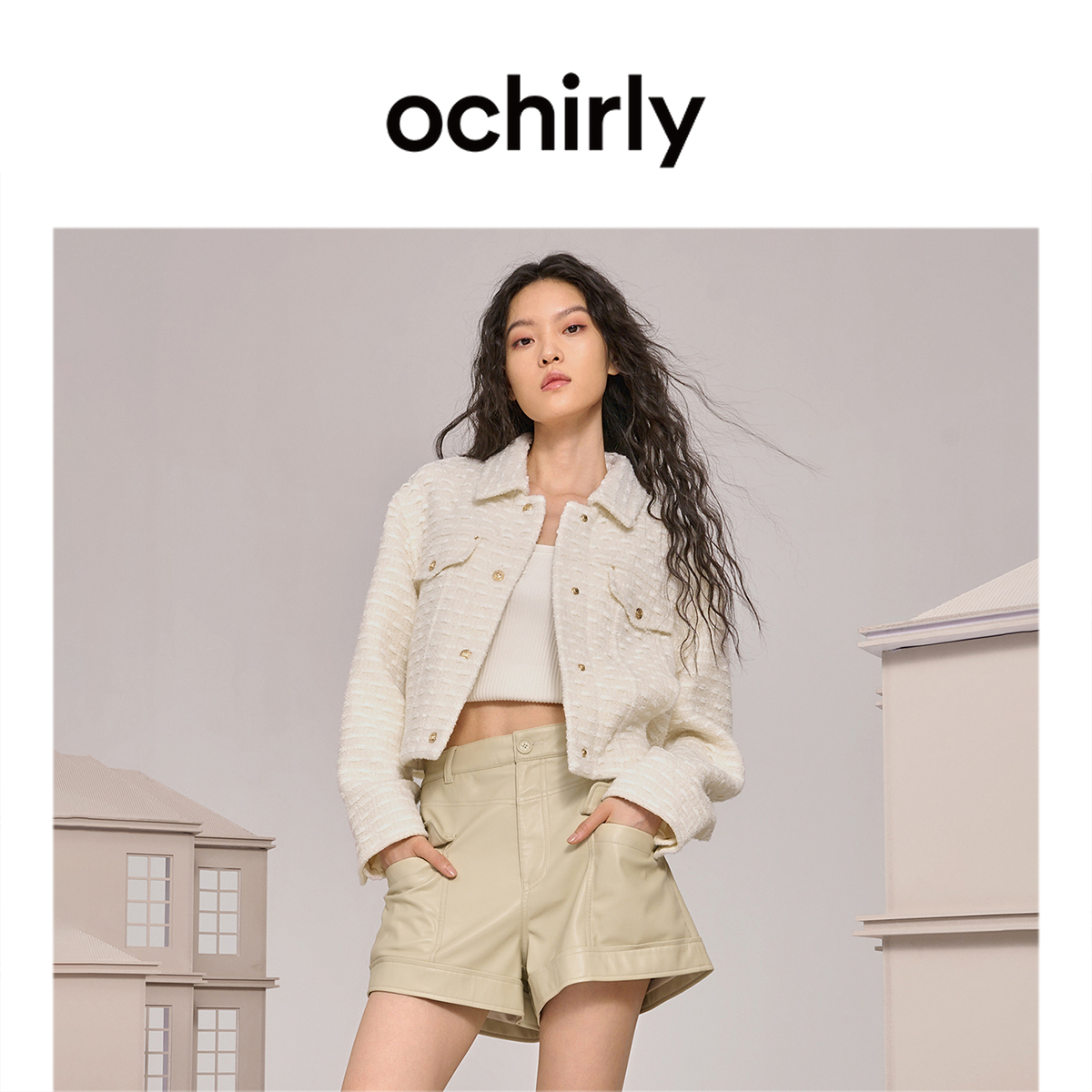 OCHIRLY欧时力羊毛花式纱小香风外套款早春工装风