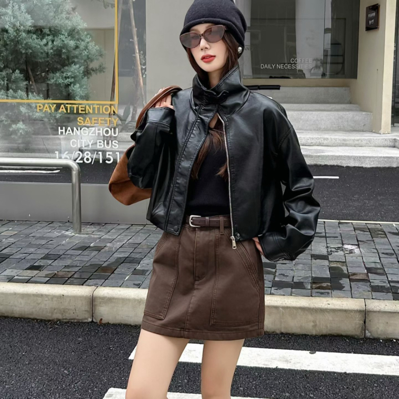小个子短款潮酷长袖宽松款短款标准皮衣秋季立领朋克风皮衣女