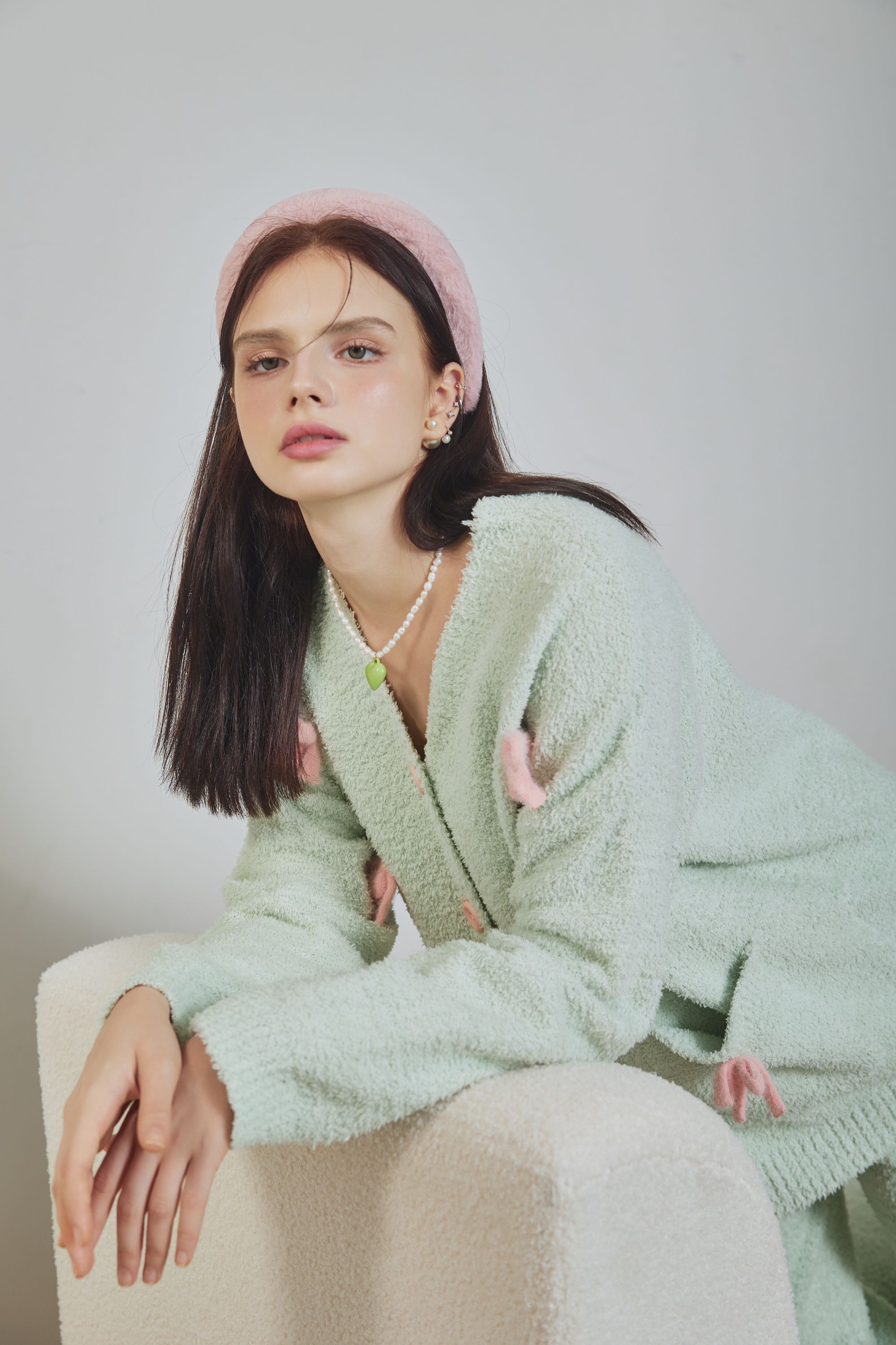 软绵绵半边绒秋冬新品蝴蝶结可爱厚开衫可外穿睡衣家居服套装