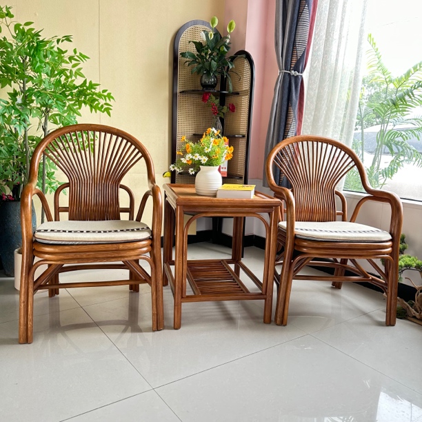 花梨色【单凤尾三件套】全藤藤椅 阳台休闲办公藤椅 中式客厅喝茶椅