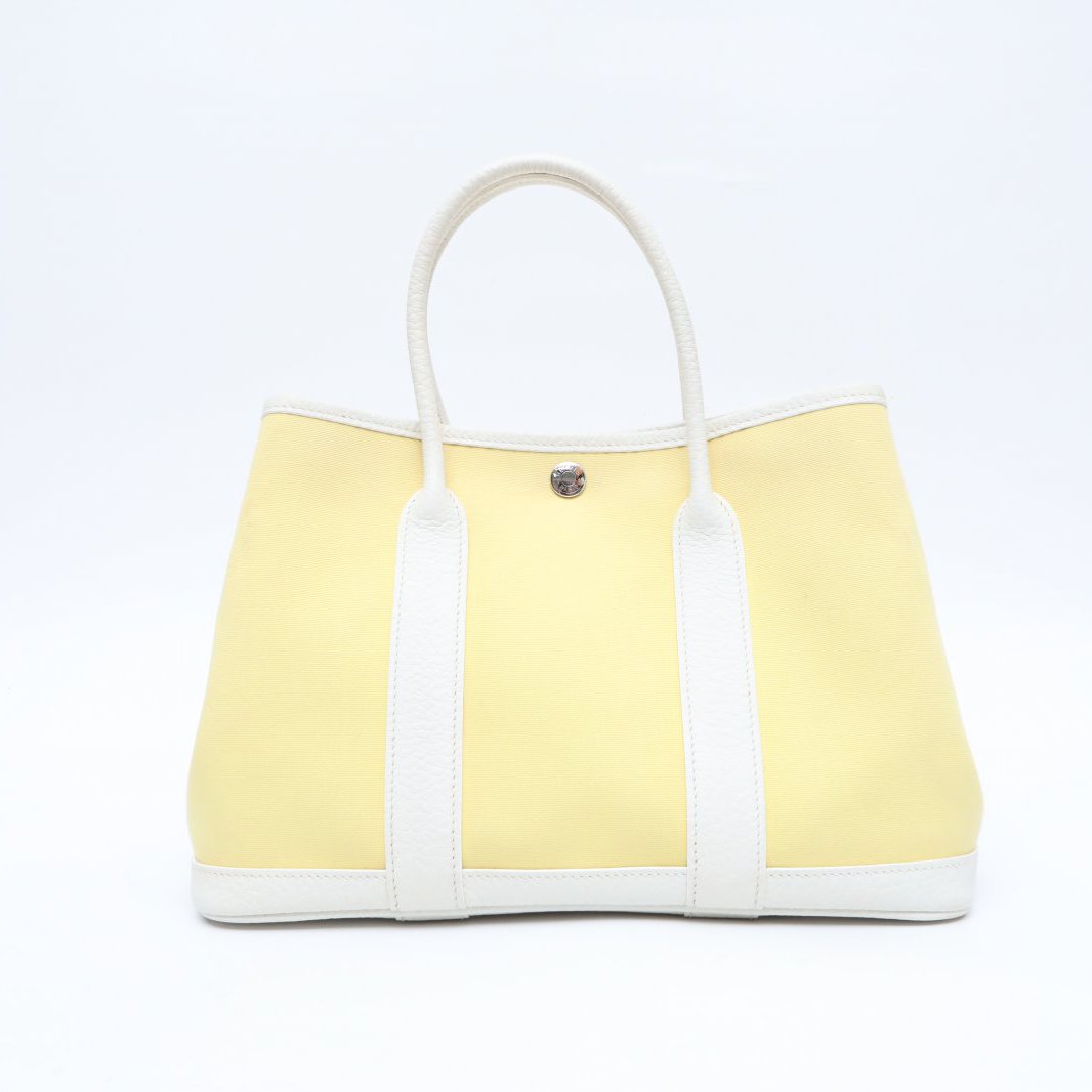 99新 Hermes/爱马仕 小花攀攀花园包 30 01白色 T刻 银扣 黄色