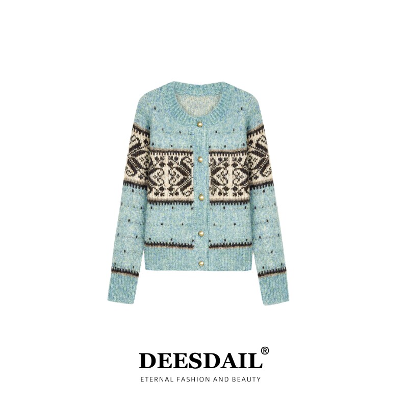 Deesdail冬季费尔岛提花长袖毛衣显瘦小众宽松百搭针织衫女A366
