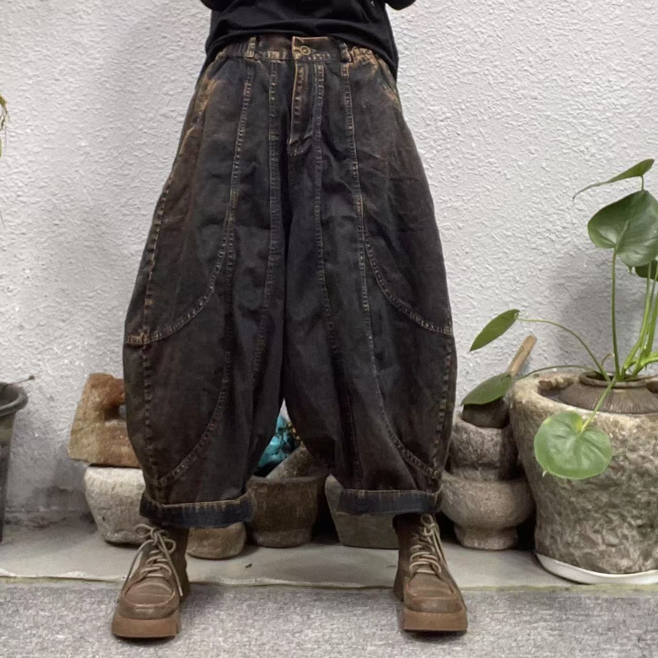 756弧线南瓜拉链纽扣款深蓝炒色牛仔裤（长85臀围136脚口52