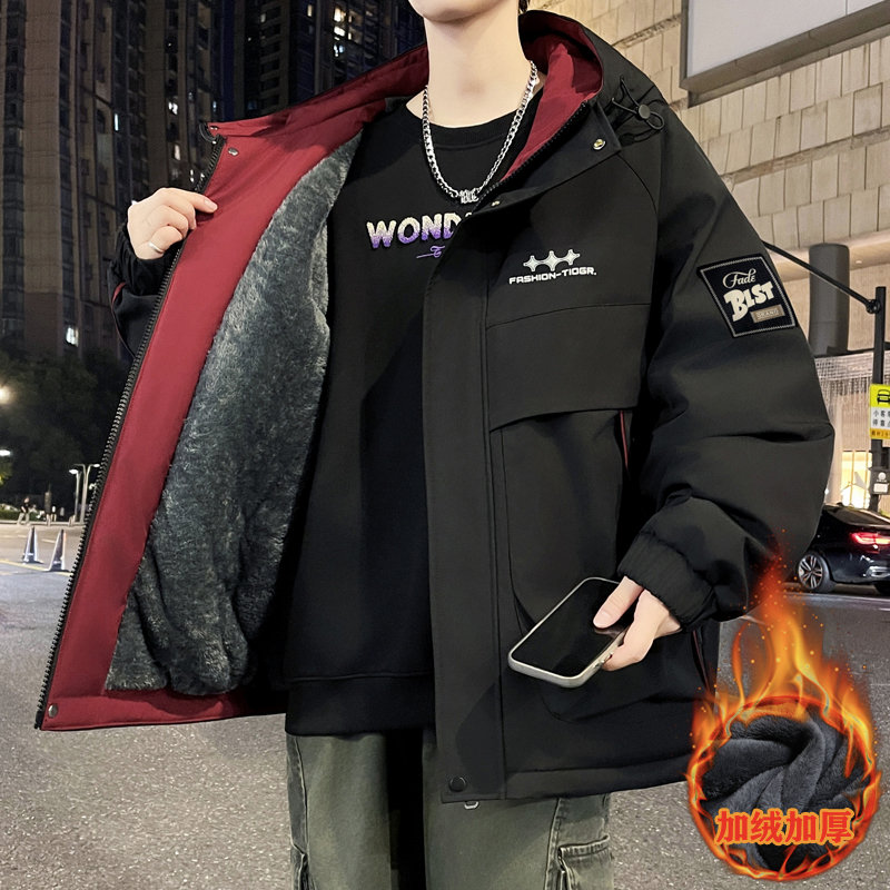 青少年冬装连帽中长款韩版加绒外套男生港风宽松加厚冬季休闲保暖