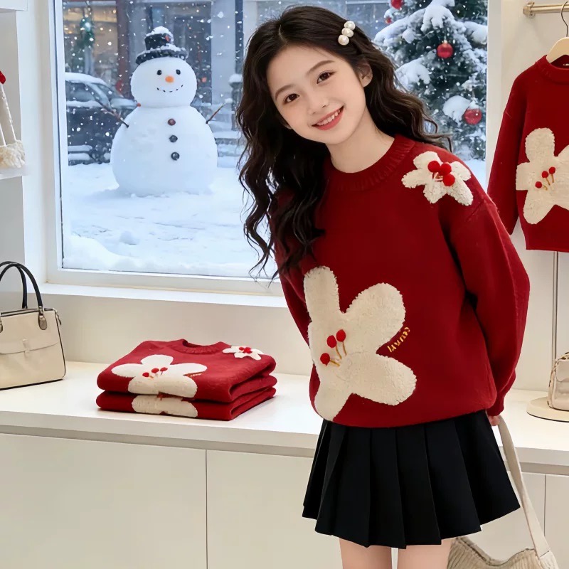 女童毛衣冬季2026新款加厚小女孩红色洋气新年款保暖针织打底衫