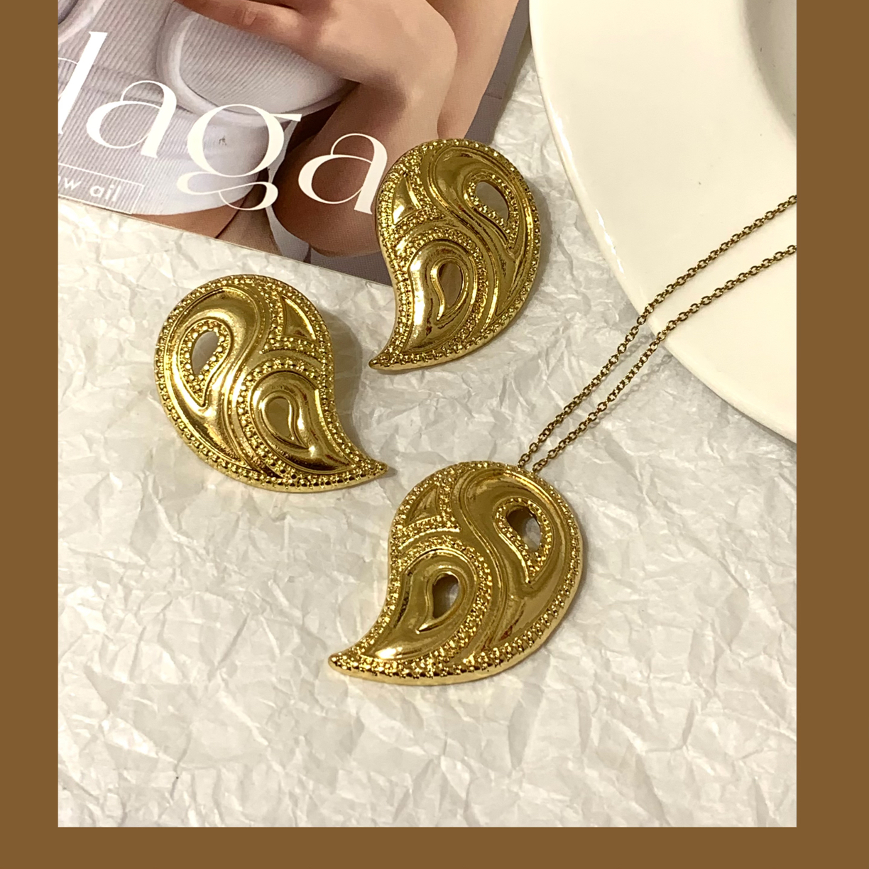 钛钢亚克力耳饰 LARVINA腰果花套装 耳环➕项链