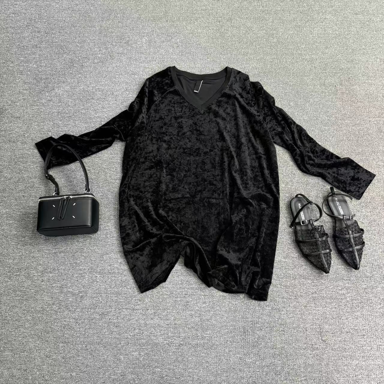 瑶睿安240斤 高弹v领网纱长袖打底衫时尚百搭黑色打底衫不勒681