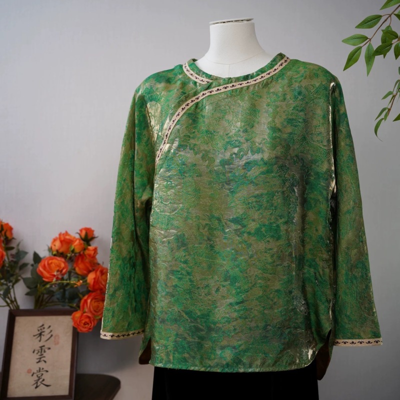 【3928】新中式休闲国风虞锦秋季新款斜襟设计感光泽长袖上衣