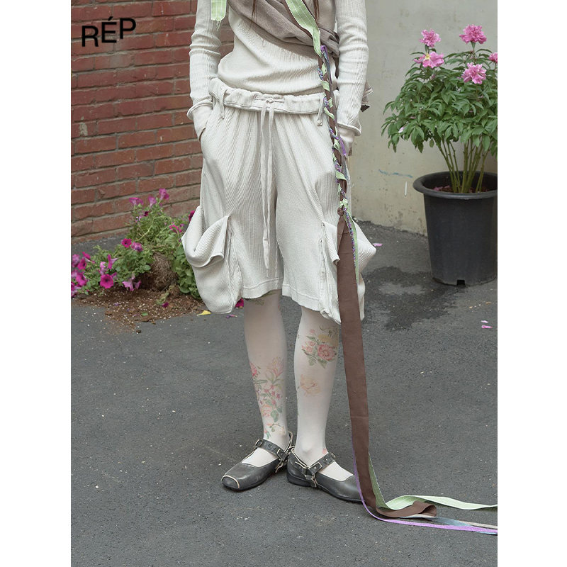 REP-OPEN YY设计师品牌浅灰色卷边华夫格工装短裤 26PS早春