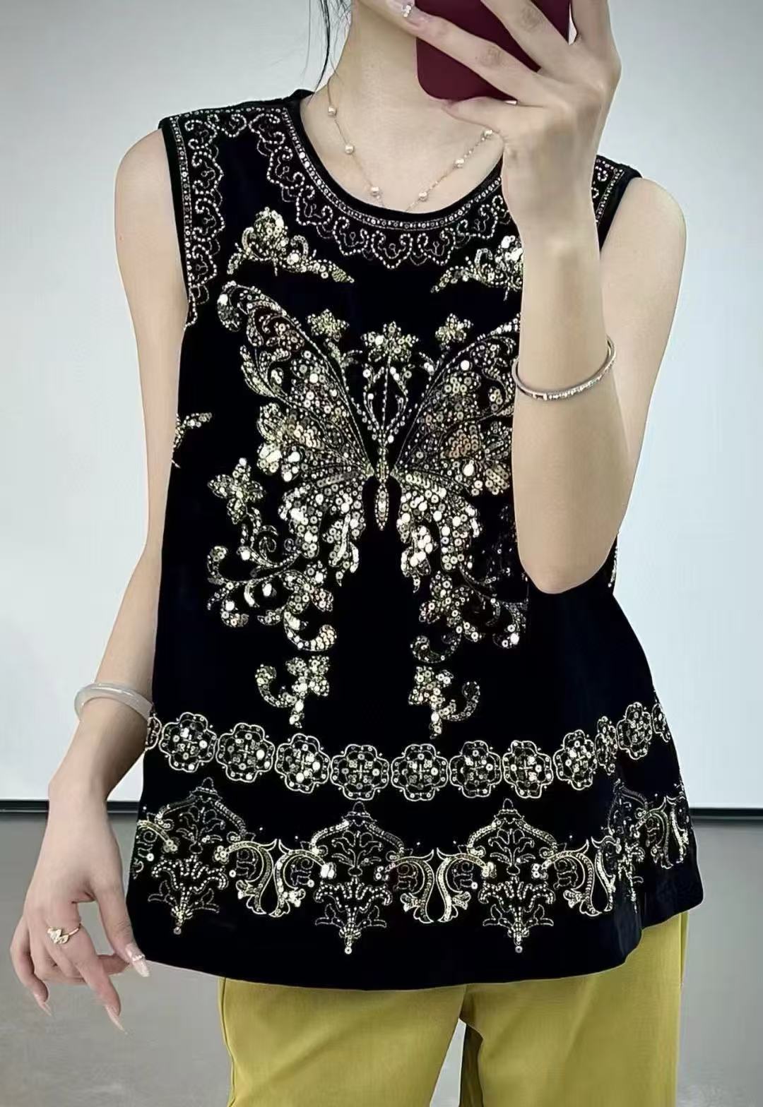 新中式国风圆领宽松黑色蝴蝶刺绣背心-A03