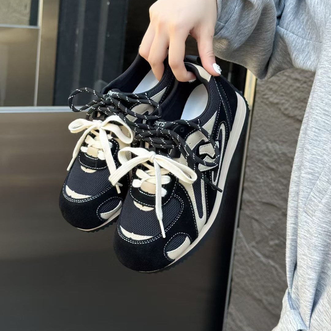 姬纯希品牌系带拼色圆头深口时尚休闲鞋平跟休闲风交叉绑带