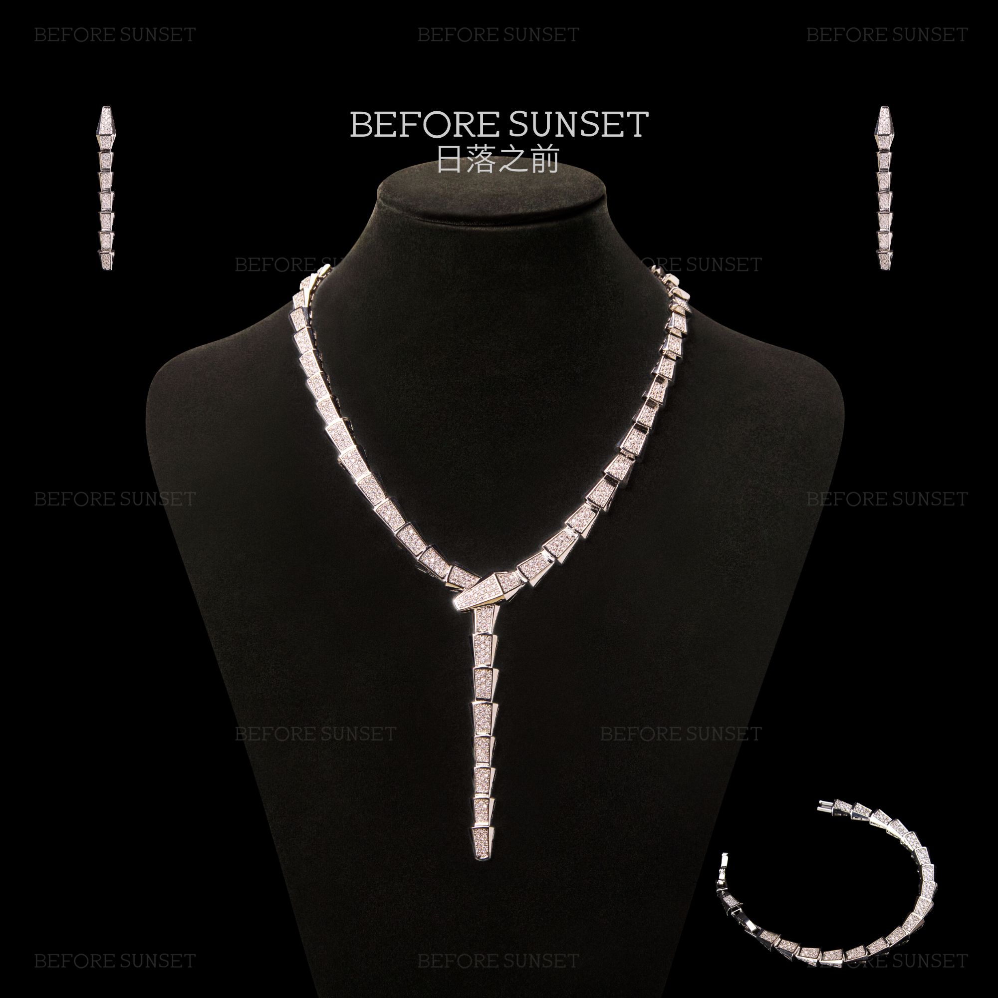 纯铜锆石项链 日落之前【日落蛇冕项链手链耳环戒指饰品套装】