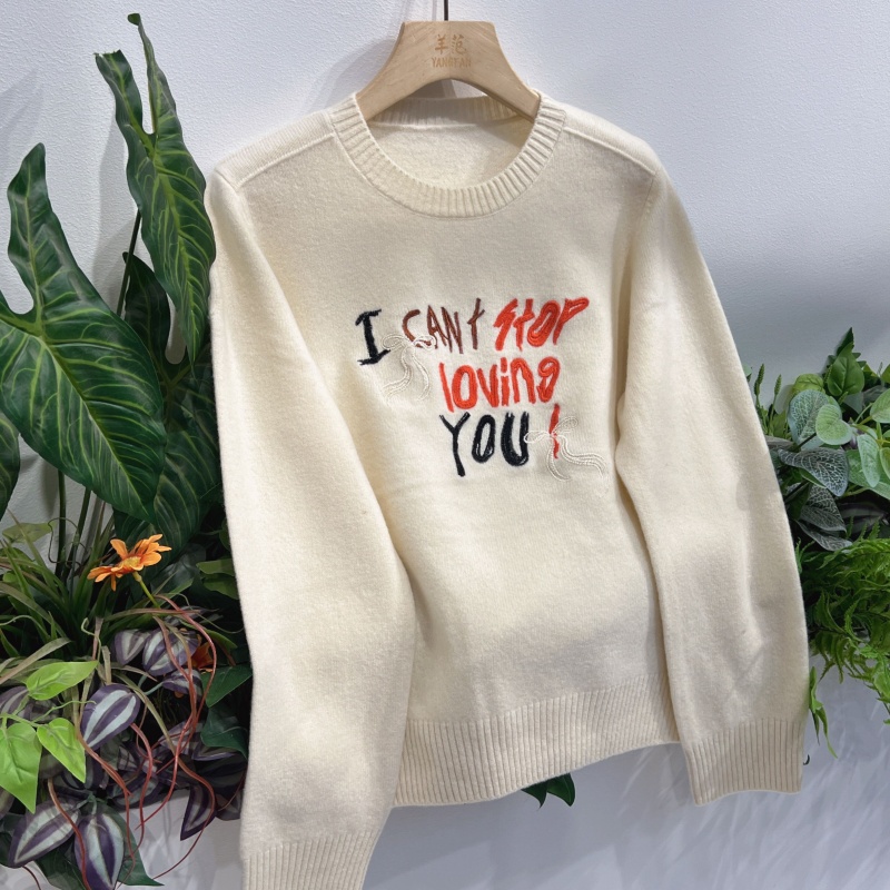 羊范秋冬新款字母刺绣纯羊毛针织衫百搭女圆领高级感慵懒宽松毛衣