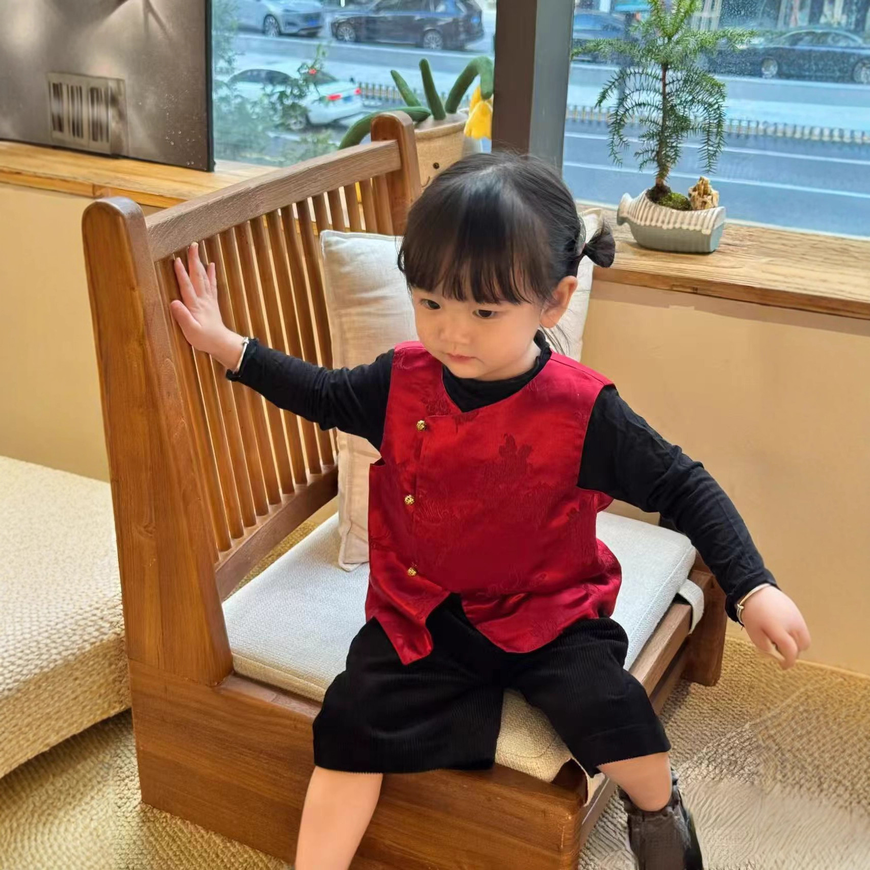 0527红色薄马甲 新中式女童套装复古气质新年新中式拜年红包战袍