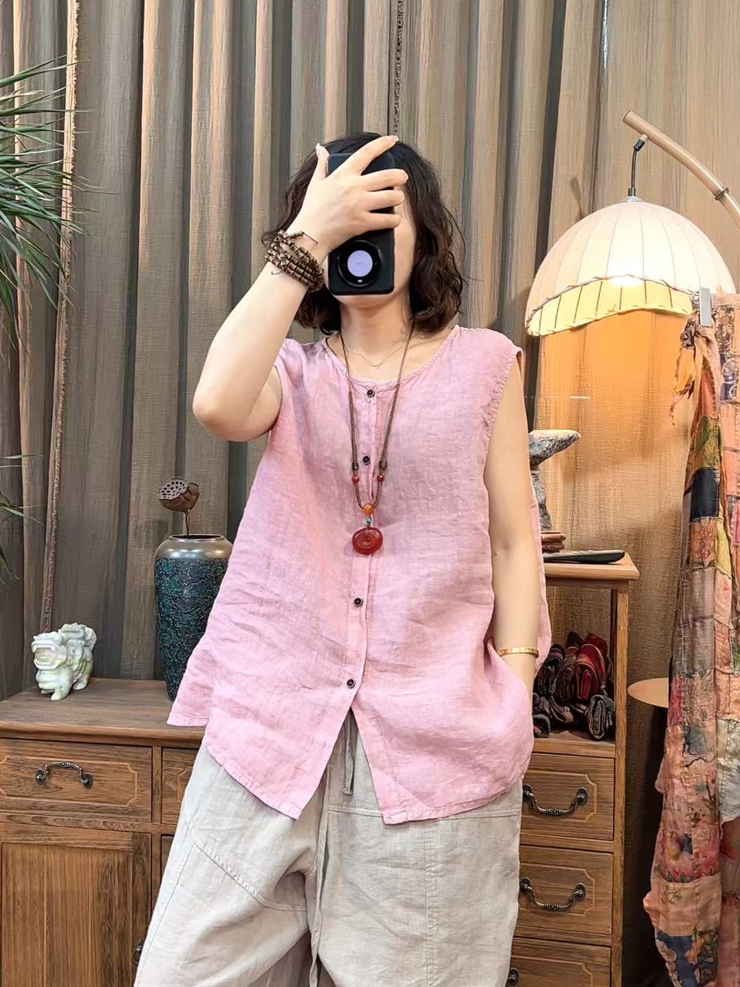 那年  新款开衫雨露麻马甲无袖衬衫（衣长65胸围130）夏季宽松时尚