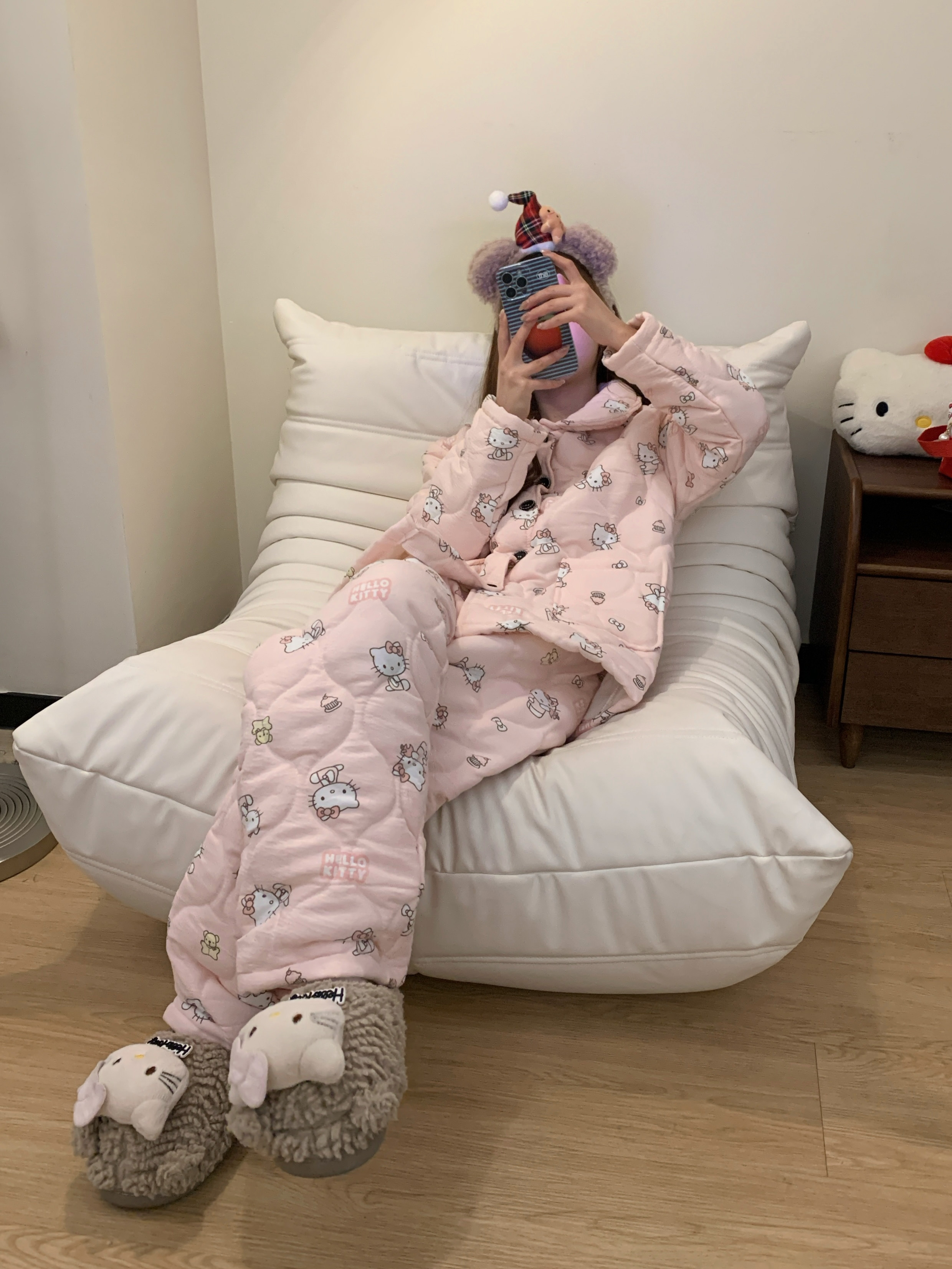 【奶芙kitty】卡通可爱夹棉睡衣女秋冬外穿加厚保暖套装网红家居服