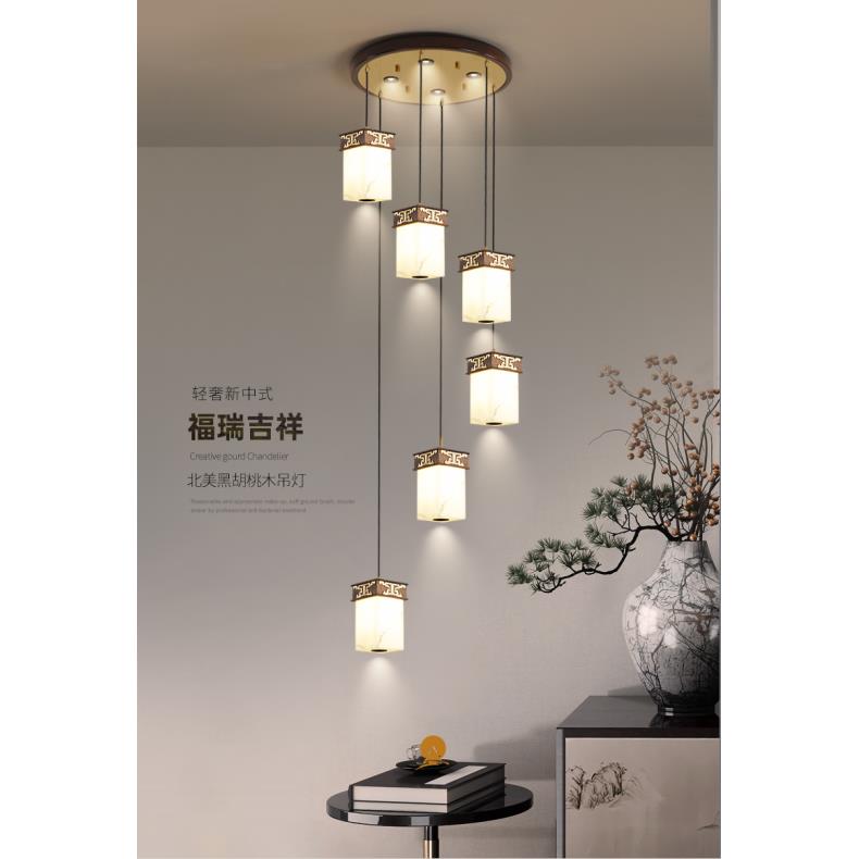 新中式楼梯灯别墅复式楼长吊灯禅意装饰实木电镀彩铜 仿云石灯具