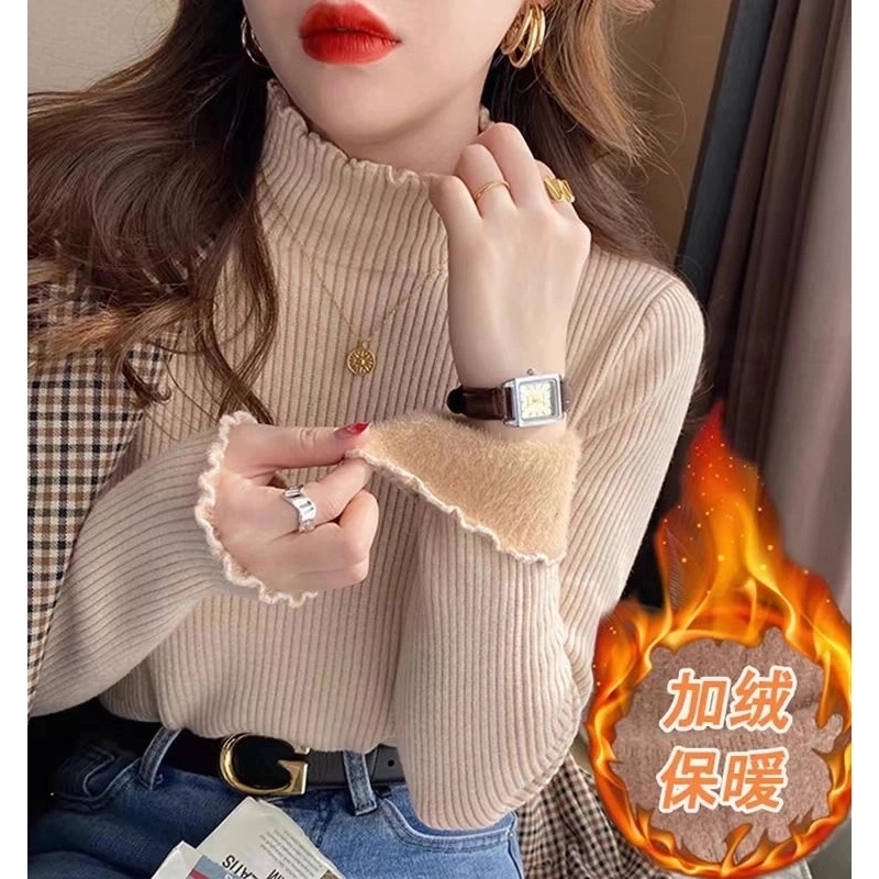 木耳边半高领女毛衣女加厚冬季设计感加绒打底衫保暖修身洋气长袖