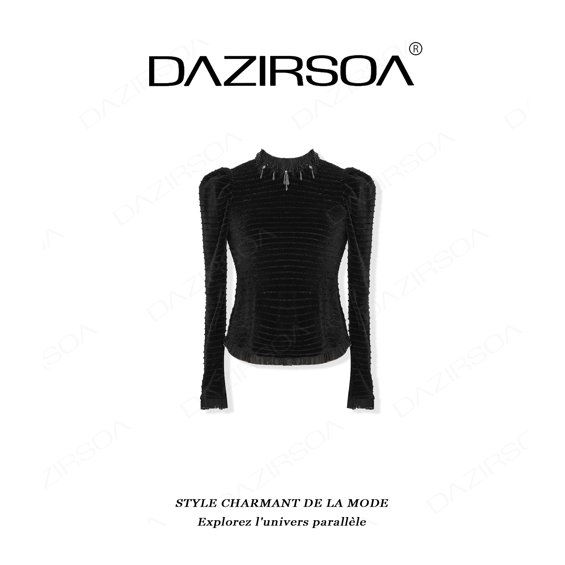 “伯爵夫人”时尚百搭领口烫钻流苏条纹上衣 AC629