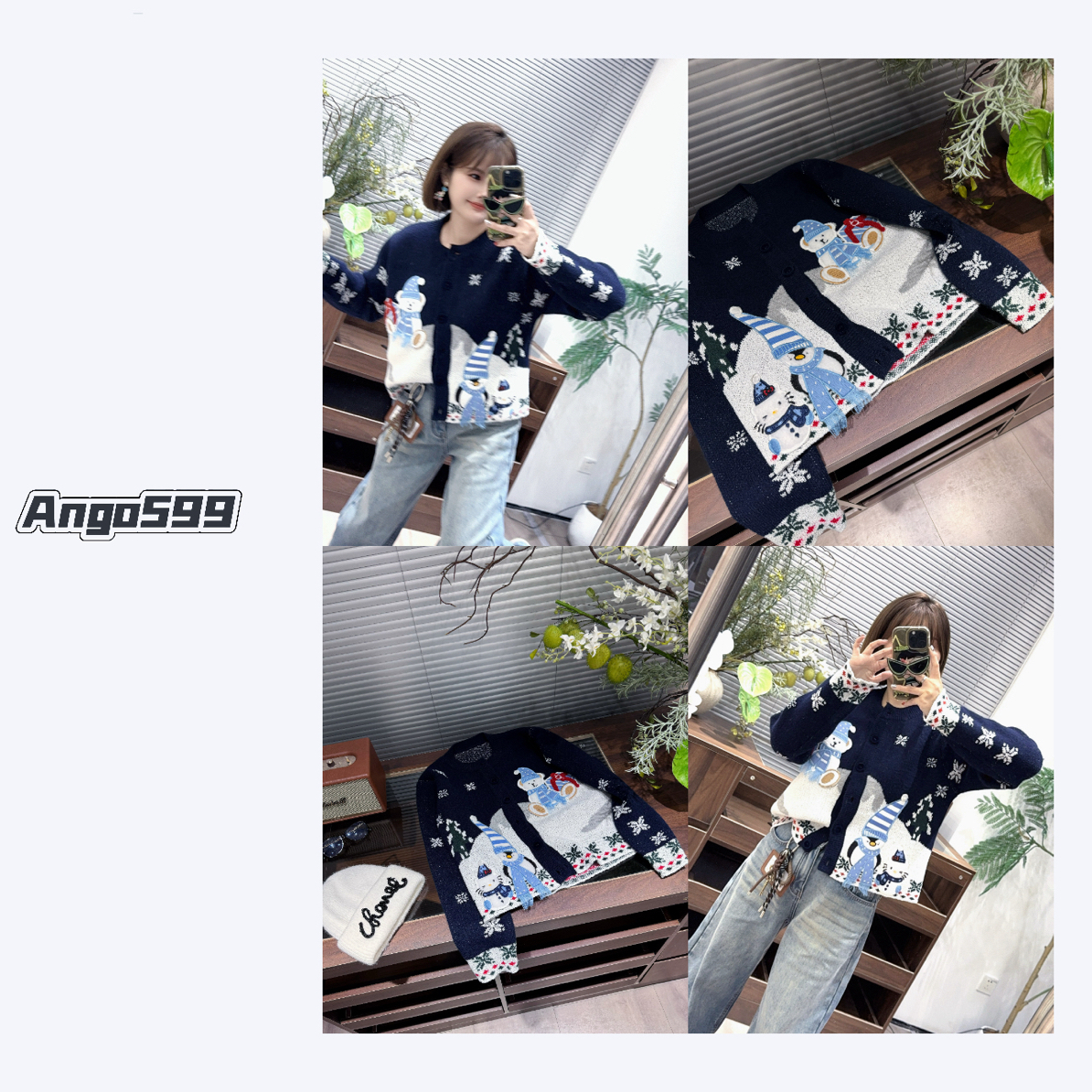 雪乡* 秋冬新款重工贴布刺绣KT企鹅雪人趣味提花时尚毛衣开衫女