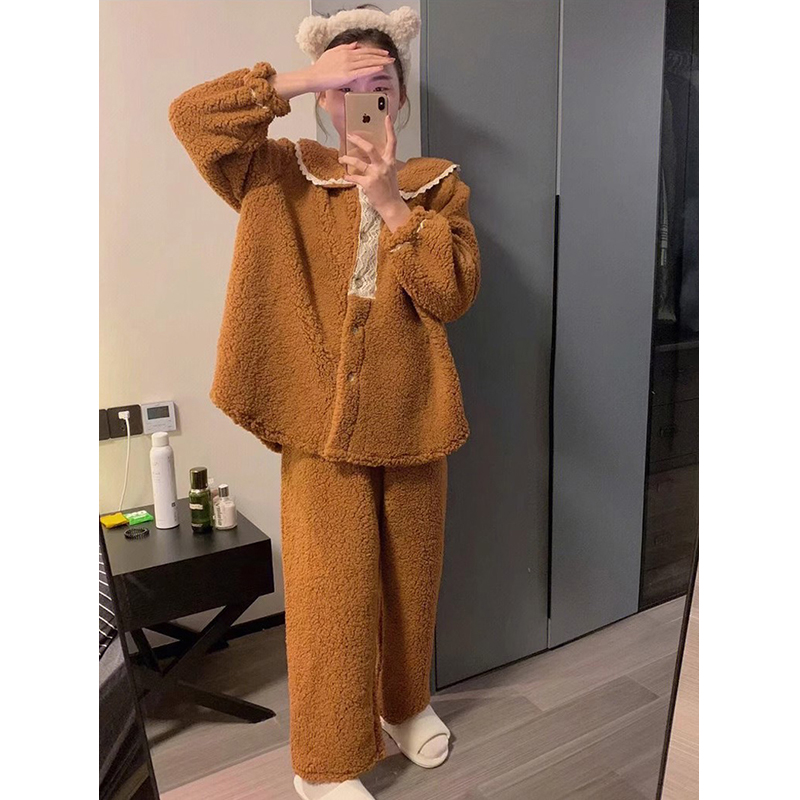 甜美娃娃领蕾丝花边珊瑚绒睡衣女款冬季加厚保暖家居服套装可外穿