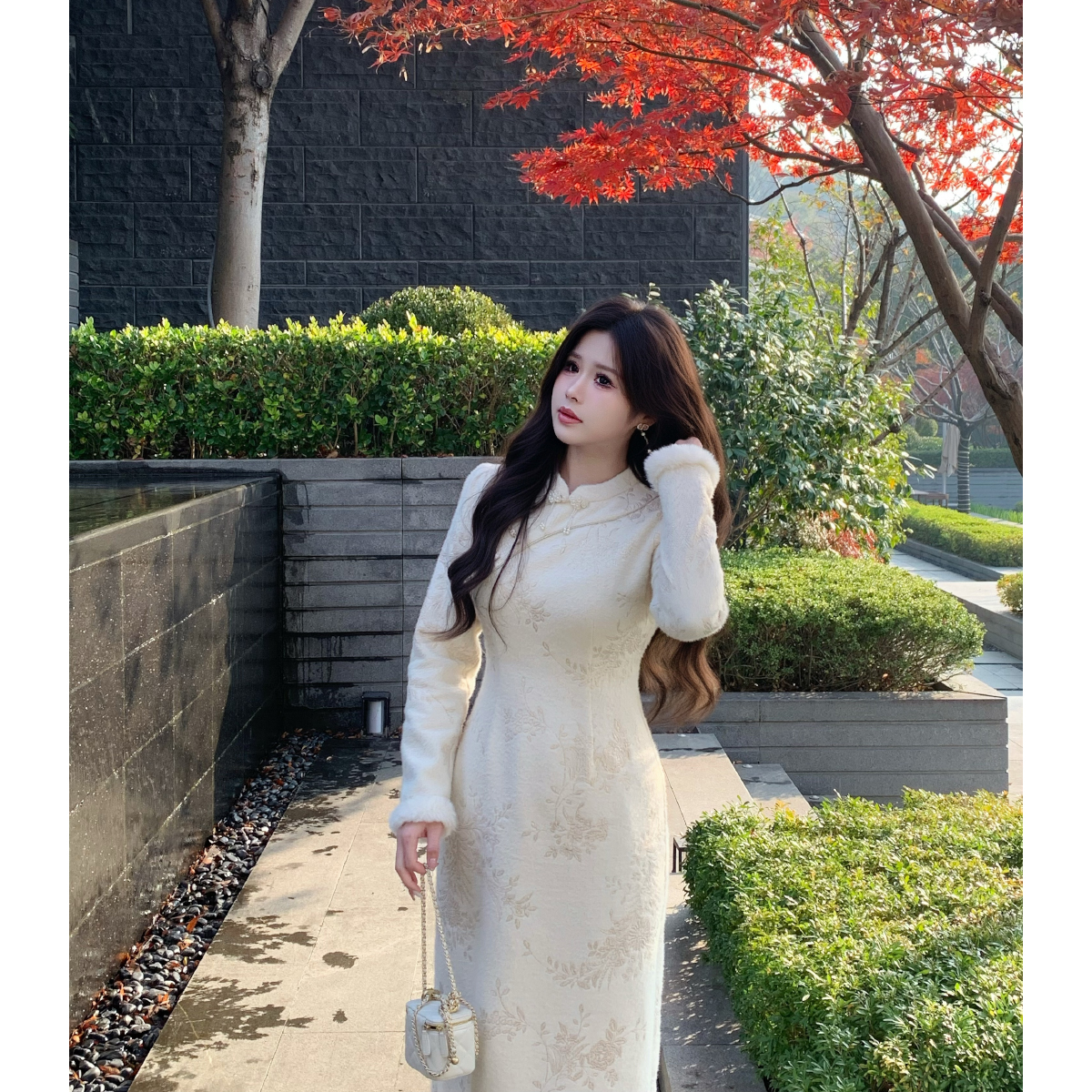 现货李潇洒【步步惊心】微胖新中式提花改良旗袍冬清冷感收腰长裙