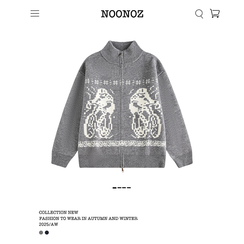 NOONOZ费尔岛提花拉链开衫毛衣男女秋冬潮牌美式慵懒保暖针织外套