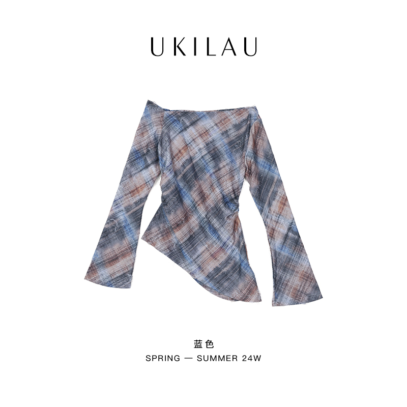 UKILAU小众修身款斜领露肩格纹长袖女装显瘦T恤