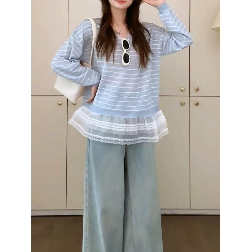 女夏季时尚V领条纹蕾丝拼接甜美针织衫亲子B2862