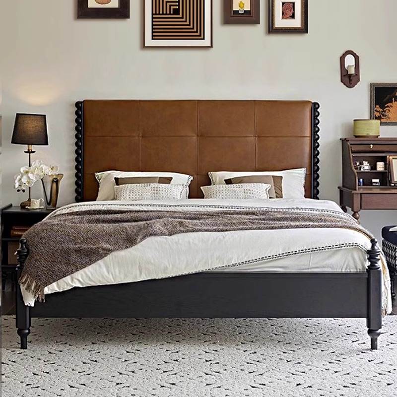 【莫里斯床.羊羊力荐】法式复古真皮软包床中古风全实木双人大床