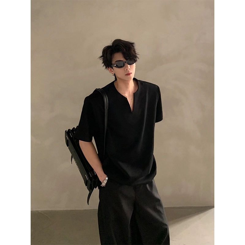 白色亨利V领正肩t恤男生夏季美式cleanfit短袖高级感痞帅潮牌半袖