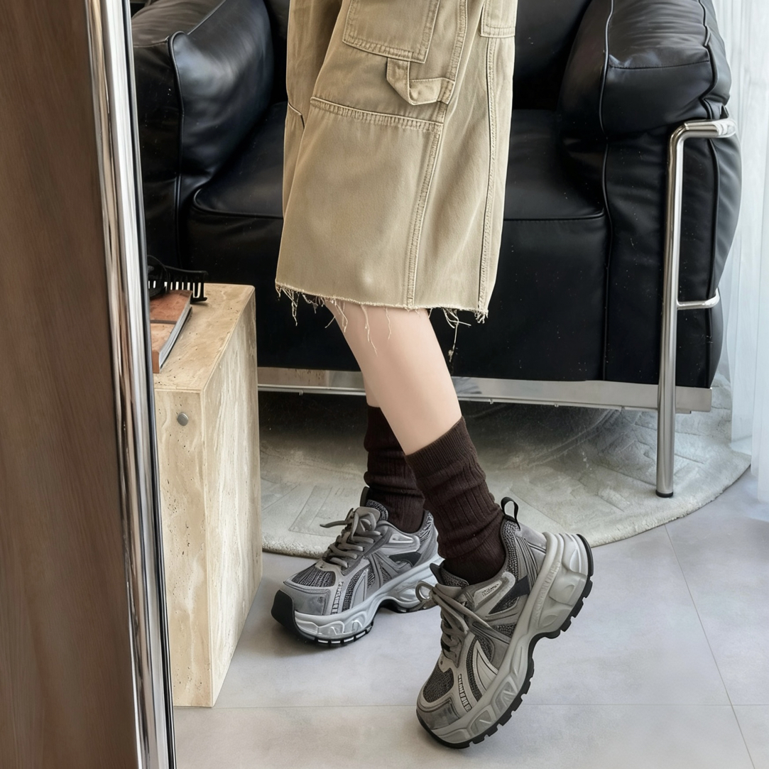 真皮厚底加绒老爹鞋女2025新款运动鞋增高系带休闲跑步鞋潮秋冬