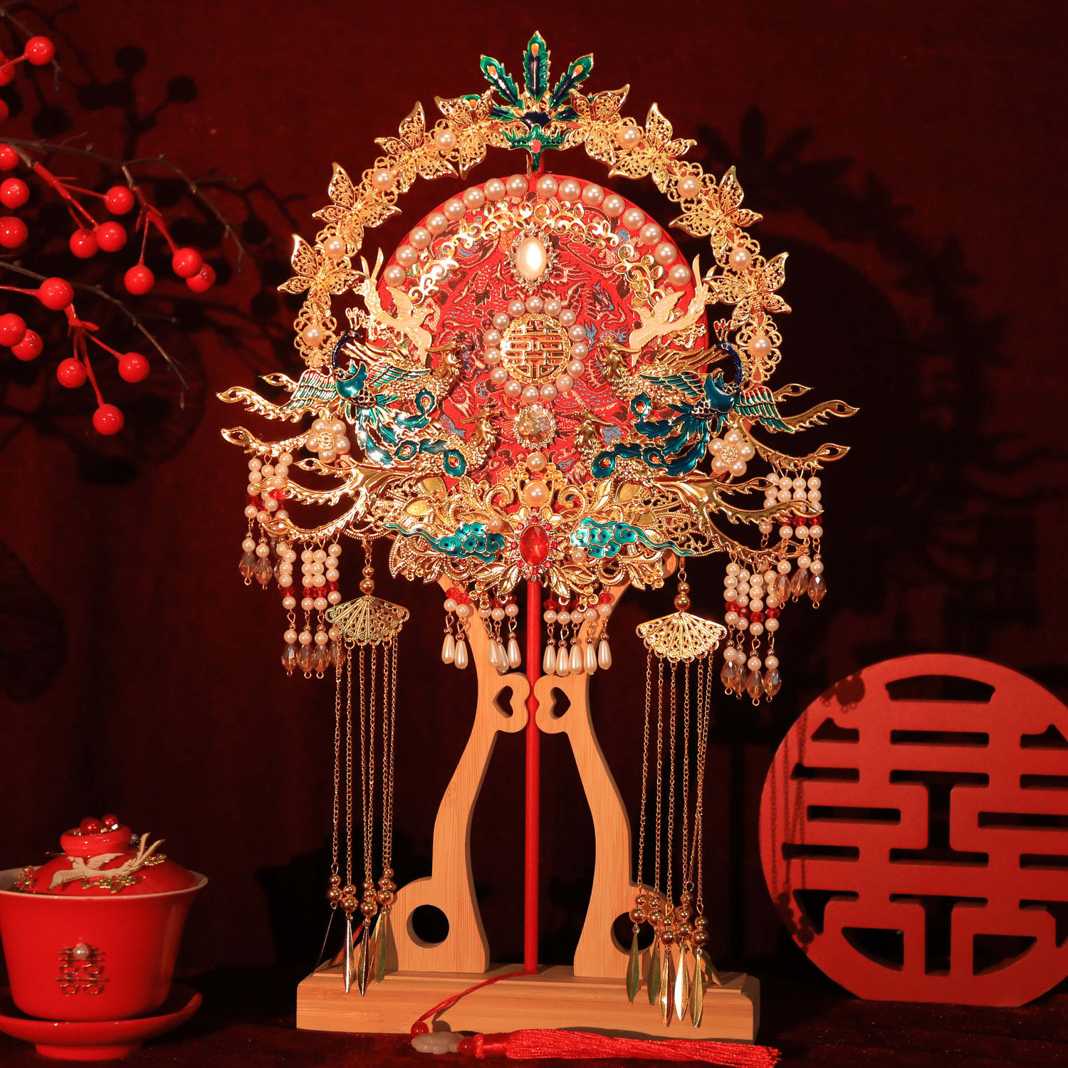 新疆西藏包邮团扇新娘结婚材料包diy秀禾双面高级喜扇成品婚礼高