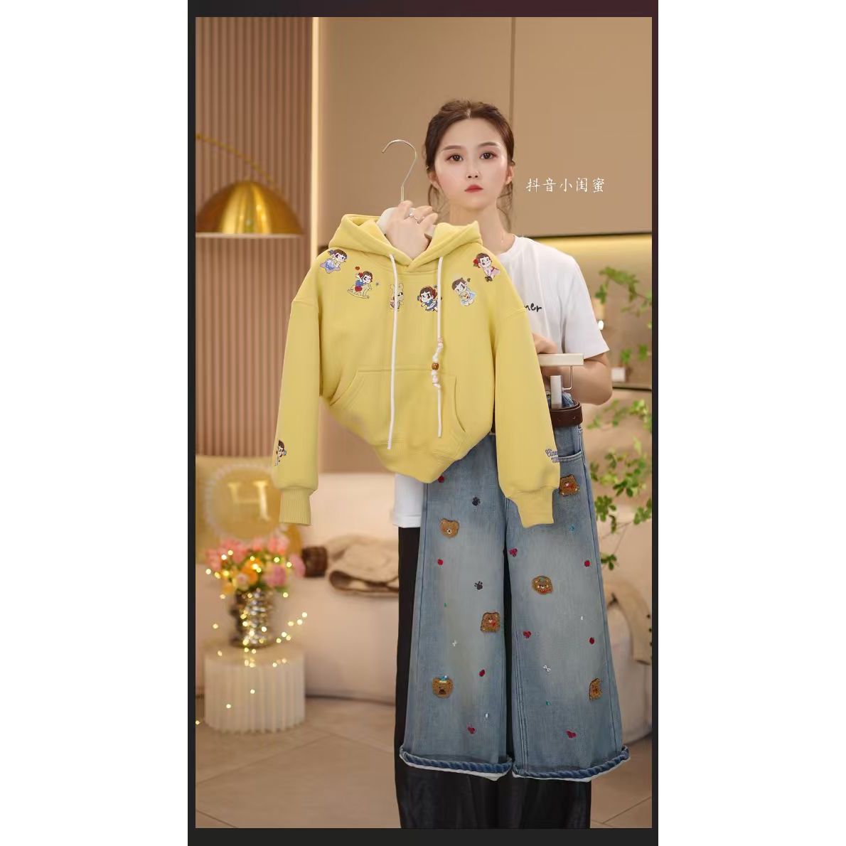 【闺蜜家】女童秋冬季2025新款卡通加绒加厚卫衣+牛仔裤套装-8971