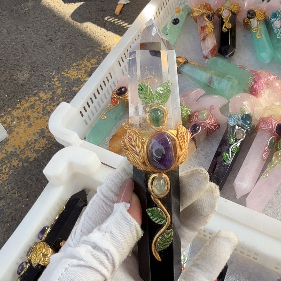 水晶手链22K金镶嵌旧*光黑曜石